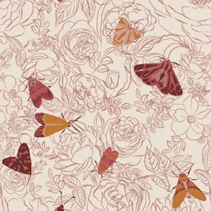 May include: A seamless pattern featuring a delicate floral design with pink roses and moths in shades of pink, orange, and brown on a cream background.