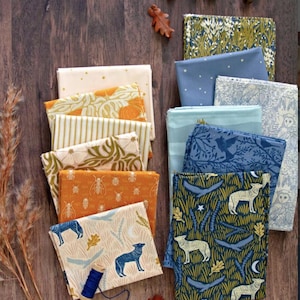 Coyote Hill Fat Quarter Bundle by Katie O'Shea for Art Gallery Fabrics, Blue and Rust Wildlife Inspired Fabrics, Gift for Quilter