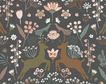 Woodland Floral Quilting Cotton, Woodlandia Charcoal Botanist by Katarina Roccella for Art Gallery Fabrics, Blush Gray Umber Fabric Yardage