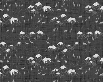 Mountains Deer and Pine Trees on Charcoal Fabric, Mountains Calling by Bernadett Urbanovics for Figo Fabrics, Quilting Cotton Yardage