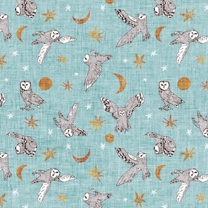 Owls in Aqua Teal, Forest Fable by Esther Fallon Lau for Figo Fabrics,  Quilting Cotton, Fabric Yardage, Baby Quilt Fabric, Woodland fabric