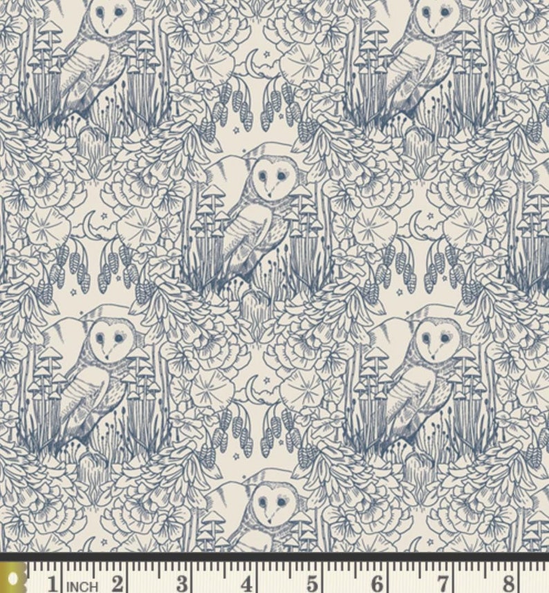 May include: A seamless pattern featuring a white barn owl with blue outlines, surrounded by a whimsical design of flowers, leaves, and mushrooms. The pattern is on a cream background.