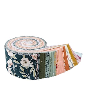May include: A rolled bundle of fabric strips in various colors and floral patterns. The fabric roll features a dark teal floral print on the outside, with a variety of pastel and muted floral designs visible on the edges. Ideal for quilting and crafting projects.