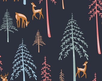 Little Forester Fusion, Among the Pines, Deer in Trees on Navy, Art Gallery Fabrics, Quilting Cotton, Fabric Yardage