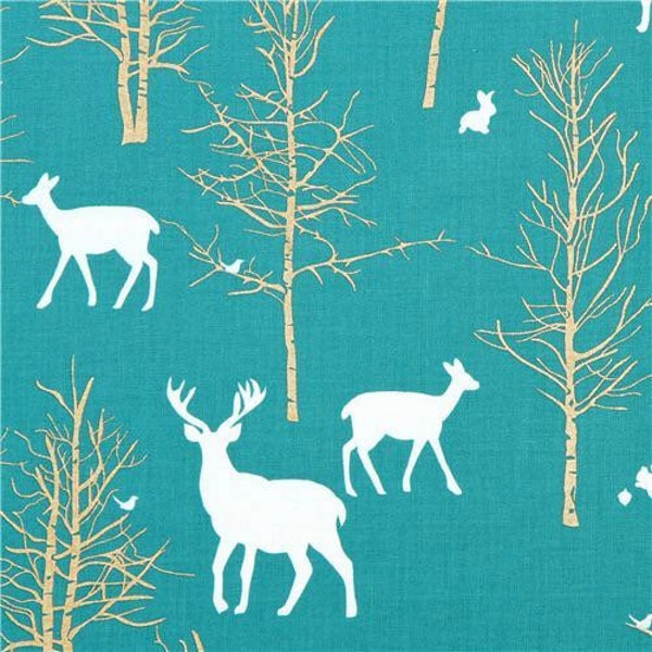 Woodland Deer Fabric, Teal and Gold Metallic, Timber Valley Teal by Violet Craft for Michael Miller Fabrics, Brambleberry Ridge