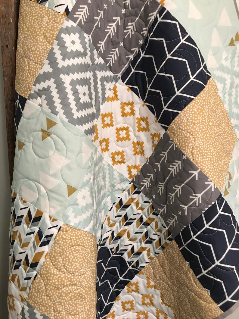 Geometric Baby Quilt Gender Neutral Bedding Aztec Navy Mint Gold Gray Grey Nursery Tribal Crib