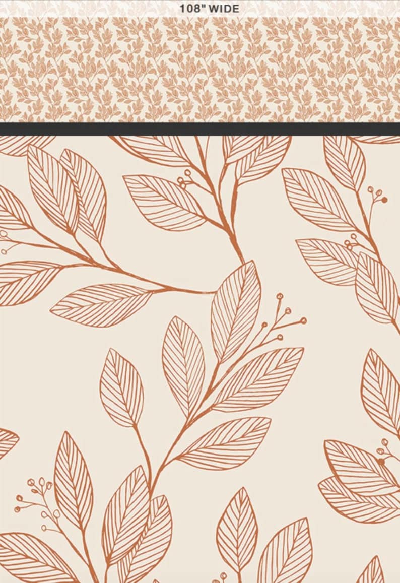 May include: A seamless pattern featuring a repeating design of brown leaves and branches on a cream background. The pattern is 108 inches wide.