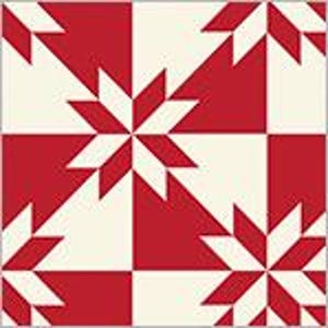 May include: Red and white geometric pattern with a repeating star design. The pattern is made up of squares and triangles.