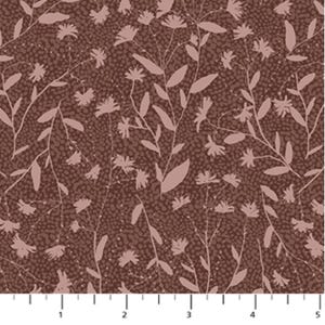 May include: A brown fabric with a pink floral pattern. The pattern features delicate leaves and flowers with a subtle speckled background.
