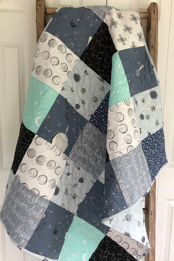 Outer Space Baby Quilt Stars Moon Planets Baby Bedding I Etsy