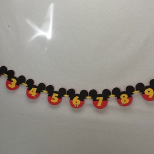 Pu&ograve; includere: Una ghirlanda decorativa composta da una serie di sagome nere a forma di testa di Mickey Mouse infilate su un cordino giallo. Ogni sagoma mostra un numero giallo da 1 a 11, con il primo pezzo che riporta le lettere NB in giallo su sfondo rosso.
