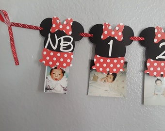 Minnie Mouse 12 months photo banner, Minnie Mouse Red and Black Party, Minnie Mouse Birthday, Minnie Mouse Banner