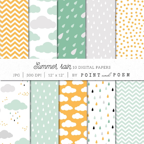 Clouds Digital Paper Pack, Summer Digital Paper, Rain, Chevron, Polka dot, Geometric - Commercial Use