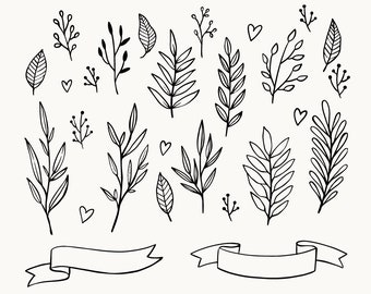 May include: A set of 16 hand-drawn black and white floral elements, including leaves, branches, and hearts. The elements are perfect for adding a touch of nature to your designs.