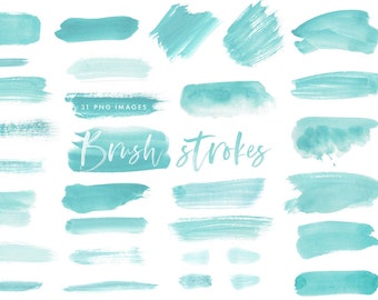 Watercolor Brush Strokes Splashes Clipart Mint, Blue, Teal, Turquoise, Blots, Splatters, Abstract Background, Commercial Use