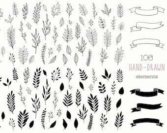 May include: A set of 106 hand-drawn black and white floral elements and banners. The floral elements include leaves, branches, and sprigs. The banners are simple and elegant.