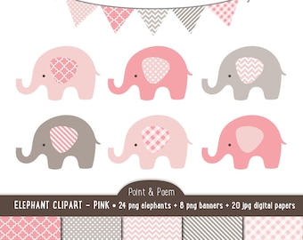 Elephant Clip Art, Digital Papers, Baby Pink clipart, Pink & Taupe Gray, Girl, Shower Graphics - Commercial Use