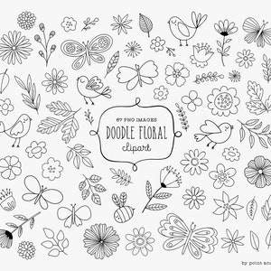 Doodle Flower clipart uso comercial- clip art dibujado a mano, ramas, hojas, flores, pájaros, mariposa - Elementos de diseño floral