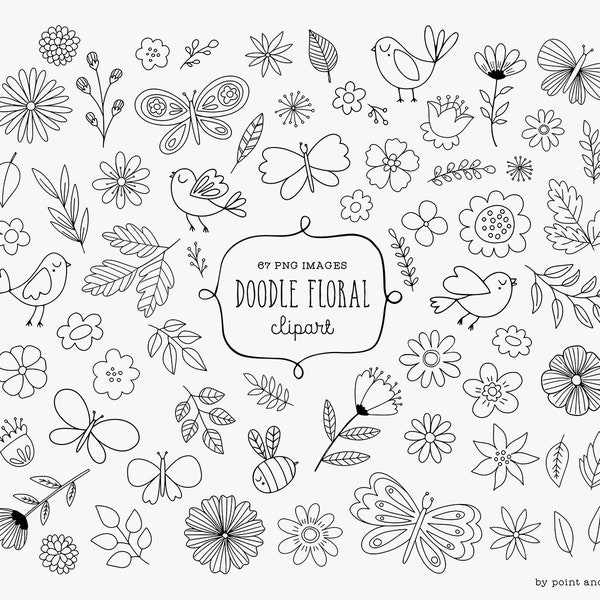 Doodle Flower Clipart kommerzielle Nutzung- Clip Art handgezeichnet, Äste, Blätter, Blumen, Vögel, Schmetterling - Florale Design Elemente