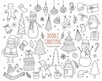 Christmas clip art commercial use, Doodle Hand Drawn Winter Clip art, Holidays, Xmas ornaments, snowflakes, santa, christmas tree