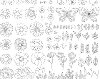 Doodle Flower clipart commercial use- clip art hand drawn , branches, leaves, flowers, birds, butterfly - Floral design elements