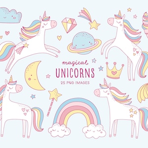 Clipart unicorno. Uso commerciale Kawaii Clipart. Bella grafica magica unicorno con arcobaleno, nuvole, gelato. Baby shower, compleanno per ragazze.
