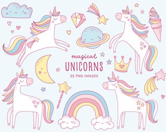 Unicorn clipart. Commercial use Kawaii Clipart. Cute magical unicorn graphics with rainbow, clouds, ice cream. Baby shower, girl birthday.