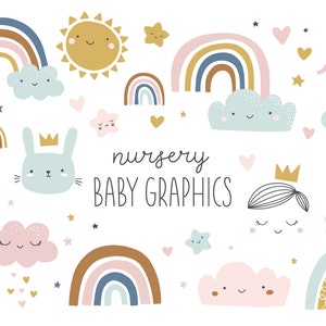Clipart bambino carino. Uso commerciale Scandinavian Clipart. Grafica carina con arcobaleno, nuvole, coniglietto, elefante. doccia bambino