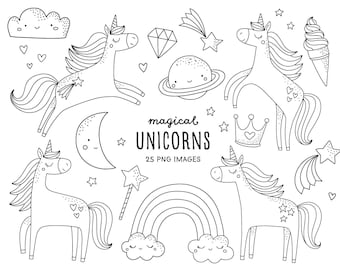 Unicorn digital stamps clipart. Unicorn Coloring pages. Commercial use Kawaii Clipart. Cute unicorn stamps graphics. Baby shower, birthday.