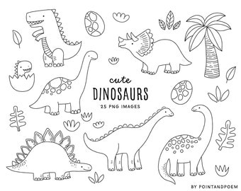 Cute Dinosaur Digital Stamps. Coloring doodle clipart. Dino, dinosaurs, t-rex, jurassic. Png images. Commercial use Kawaii Clipart.