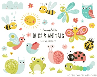 Cute bugs Clipart, Insect Clip art, Garden Bugs Clipart, Snail, Frog, Ladybug, Bee, Caterpillar, Butterfly, Instant Download Commercial Use