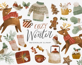 Cute Christmas watercolor clipart, Cozy Winter watercolor graphics, Christmas digital paper, Digital Planner Stickers, Deer, Holidays png