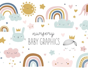May include: A set of nursery baby graphics featuring rainbows, clouds, stars, a sun, a bunny, an elephant, and a girl with a crown. The graphics are in a pastel color palette with brown, pink, blue, and yellow.