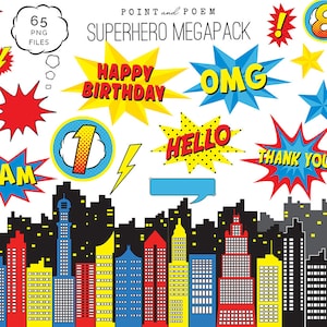 Superheld clipart commercieel gebruik, clip art Megapack, tekst- en tekstballonnen, stripnummers, photobooth props, scrapbookingm