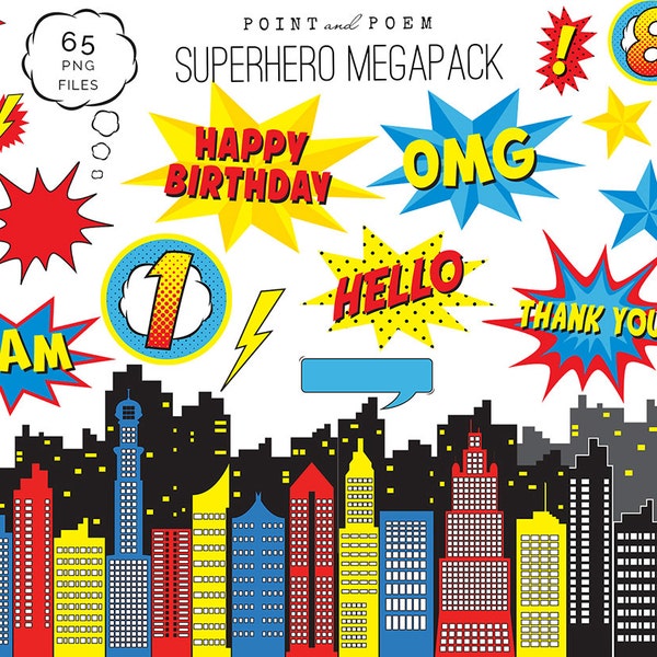 Superhero clipart commercial use, clip art Megapack, text and speech bubbles, comic numbers, photobooth props, scrapbookingm