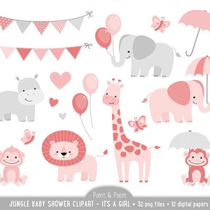 May include: Pink and gray jungle animal baby shower clipart with a banner, balloons, and umbrellas. The set includes a giraffe, lion, monkey, elephant, hippopotamus, and butterflies. The clipart is perfect for creating invitations, party decorations, and other baby shower items.
