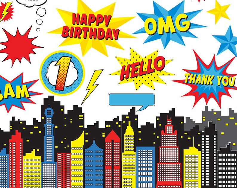 Superhero clipart commercial use clip art Megapack text and speech bubbles comic numbers photobooth props scrapbookingm