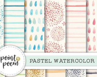 Digital Paper Pack - Pastel Watercolor - Textured Hand Painted Pink Purple Yellow Orange Green Blue Turquoise - Commercial Use