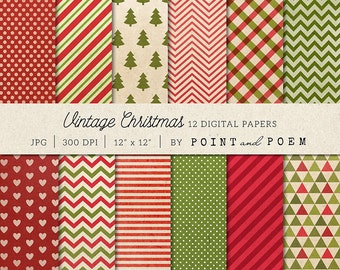 Christmas Digital Paper, Vintage Christmas Digital scrapbook paper, Shabby Christmas, Red Green Paper, Holiday Geometric - Commercial Use