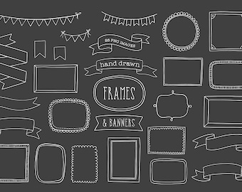 Hand Drawn Clip Art Design Elements  - frames, borders, ribbons and banners, bunting, white doodle illustrations - Commercial Use