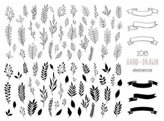 Hand drawn elements clipart commercial use, branches, leaves, laurels, chalkboard floral clipart, rustic wedding, floral design elements