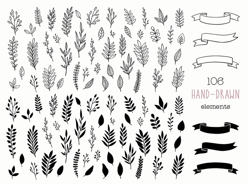 May include: A set of 106 hand-drawn black and white floral elements and banners. The floral elements include leaves, branches, and sprigs. The banners are simple and elegant.