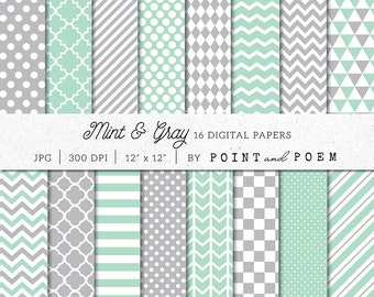 Geometric Digital Paper Pack, Mint Green Digital Scrapbook Paper Pack, Chevron, Polka dot, Stripes - Commercial Use