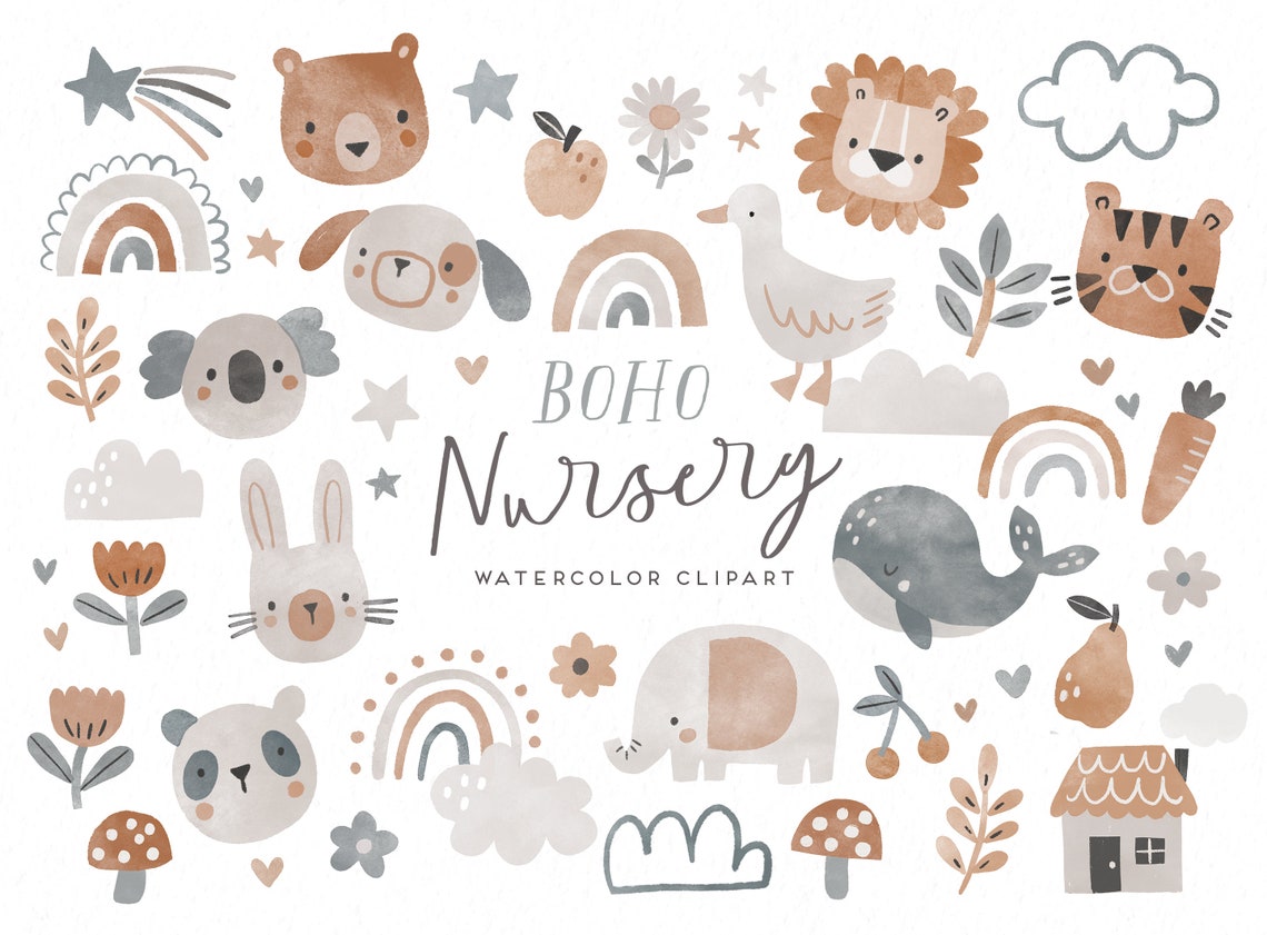 Boho Nursery Cute Watercolor Clipart, Watercolor Digital Clip Art ...
