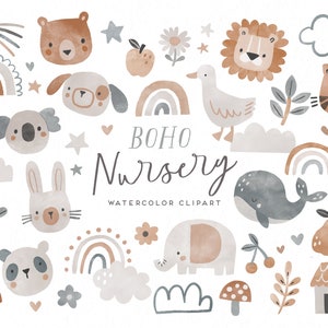 Boho Nursery Cute Watercolor Clipart, Watercolor Digital Clip Art, Trendy Boho Kids and Baby Graphics, Nursery Decor art, printable art