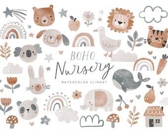Boho Nursery Cute Watercolor Clipart, Watercolor Digital Clip Art, Trendy Boho Kids and Baby Graphics, Nursery Decor art, printable art