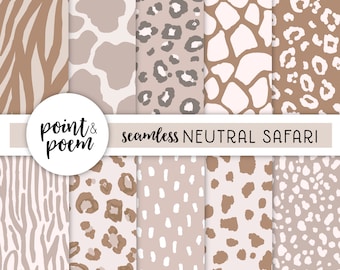 Neutre Safari Doodle Animal Imprime des papiers numériques sans couture, Leopard Cheetah Zebra Digital Paper Pack, Motifs dessinés à la main, Utilisation commerciale