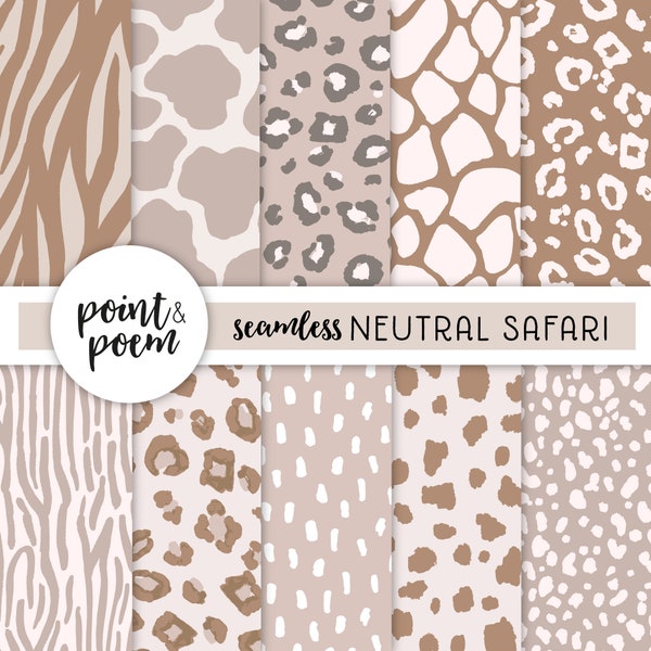 Neutral Safari Doodle Animal Prints Papeles digitales sin costuras, Leopard Cheetah Zebra Digital Paper Pack, Patrones dibujados a mano, Uso comercial