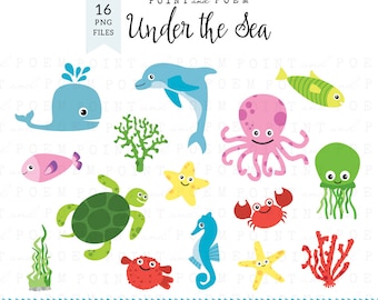 Sea Animals Clipart, Creatures Ocean, Under Water, Nautical, Fish, Dolphin, Jellyfish, Starfish, Shell, Coral, Octopus, Turtle, Crab