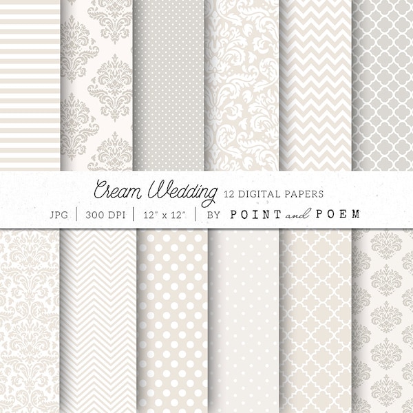 Wedding Digital Paper, Cream Digitalpaper, Beige, Ivory, White, Gray, Tan, Romantic, Damask, Backgrounds - Commercial Use